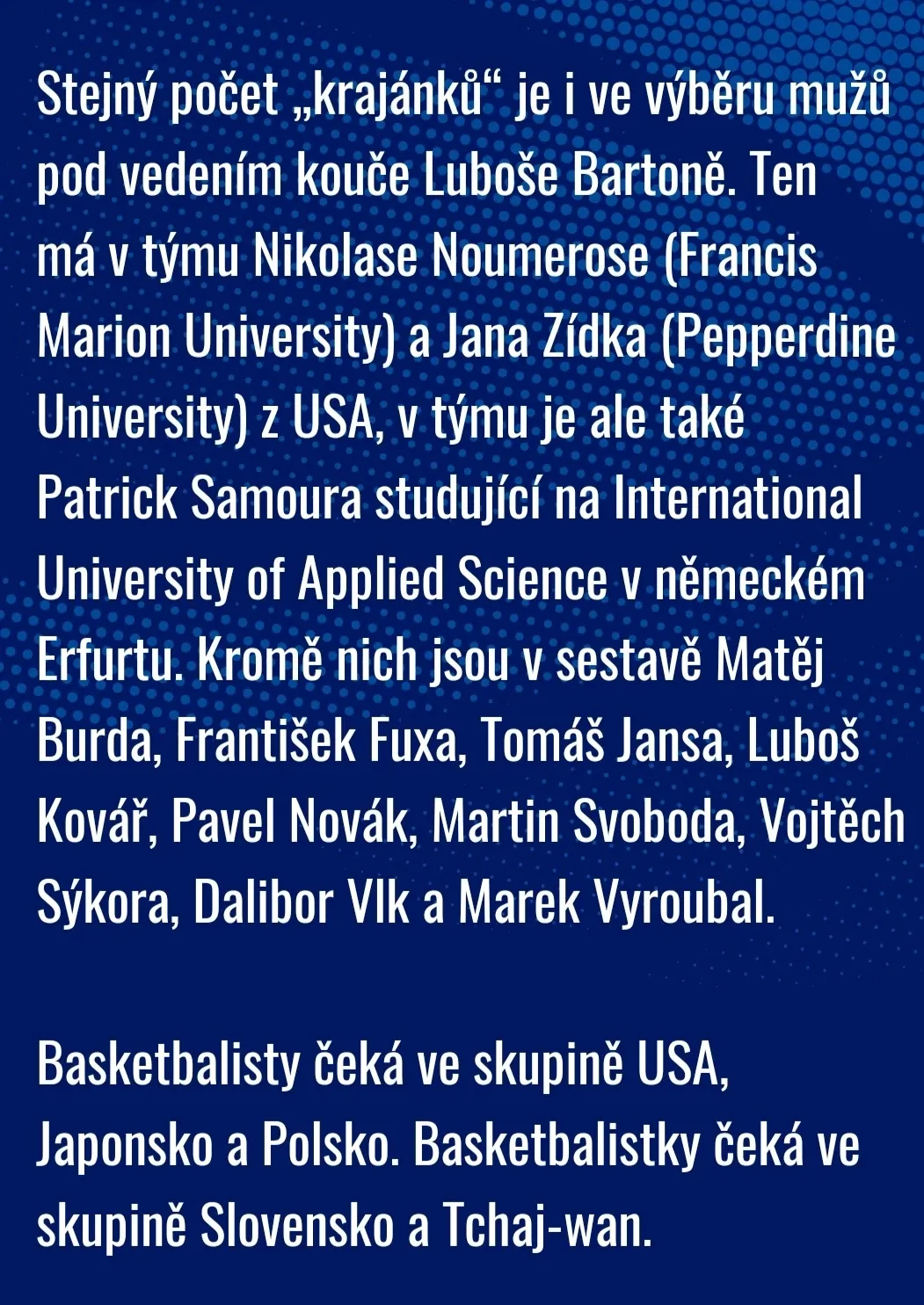 Text na modrém pozadí: v mužském výběru na univerziádu (kouč Luboš Bartoň) jsou mj. Nikolas Noumeros, Jan Zídek a Patrick Samoura; muži hrají s USA, Japonskem a Polskem.