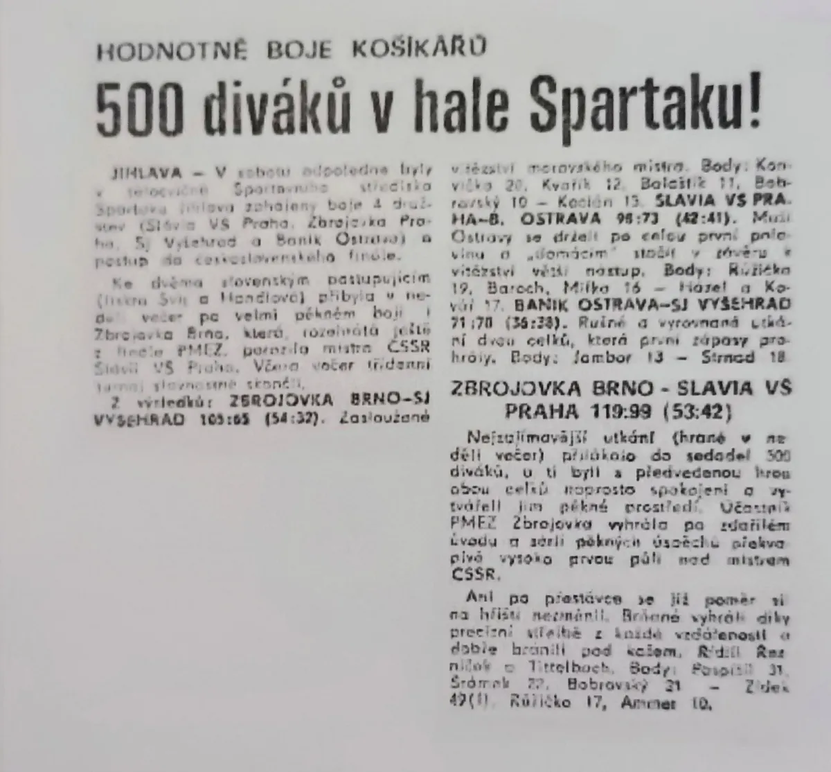 Novinový výstřižek z roku 1972 „500 diváků v hale Spartaku!“: Zbrojovka – Vyšehrad 105:65, Slavia VŠ Praha – Baník Ostrava 98:73, Baník – Vyšehrad 71:70, Zbrojovka – Slavia 119:99.
