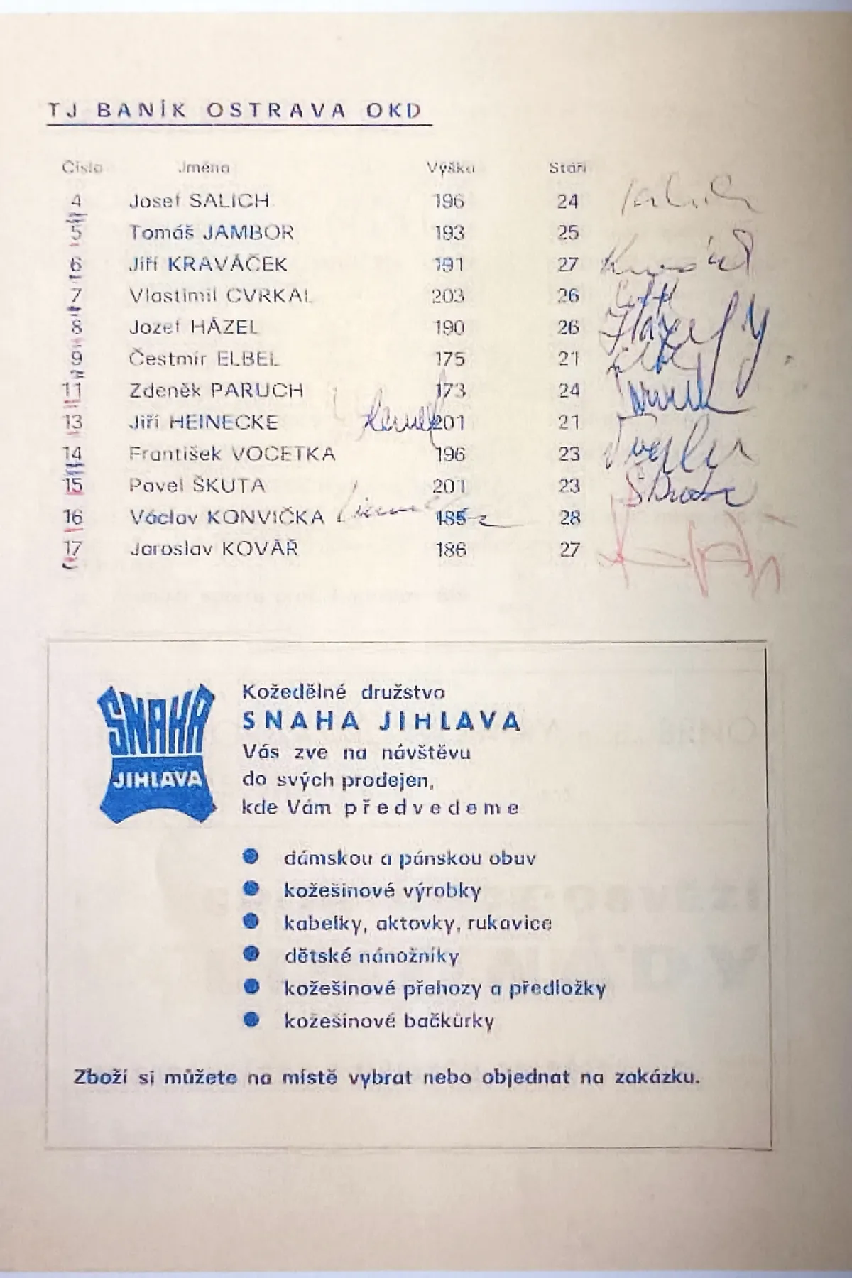 Stránka programu z roku 1972: soupiska TJ Baník Ostrava OKD (číslo, jméno, výška, věk) s podpisy hráčů; dole inzerát kožedělného družstva Snaha Jihlava.