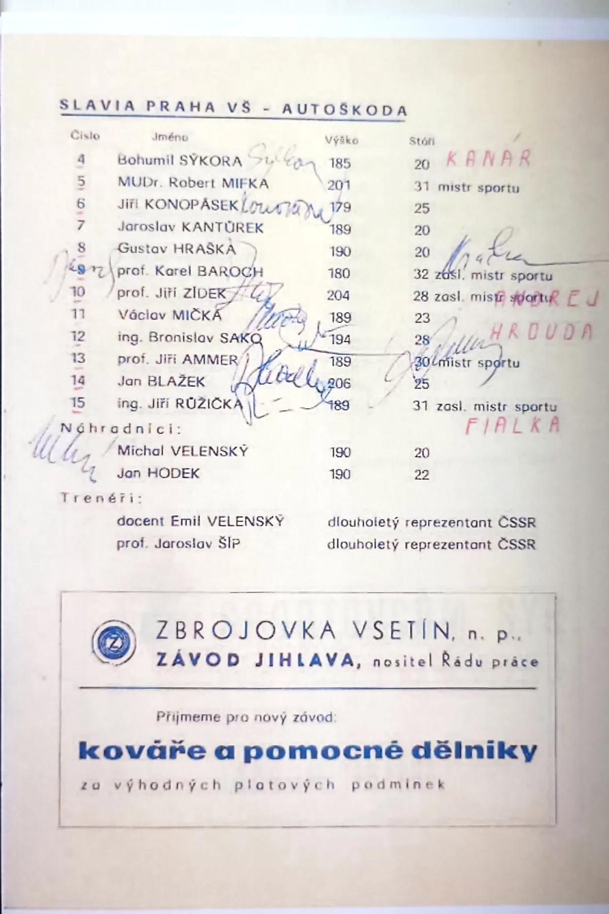 Stránka programu z roku 1972: soupiska Slavia Praha VŠ – Autoškoda (číslo, jméno, výška, věk) s podpisy hráčů, trenéři Emil Velenský a Jaroslav Šíp; dole náborový inzerát Zbrojovky Vsetín.