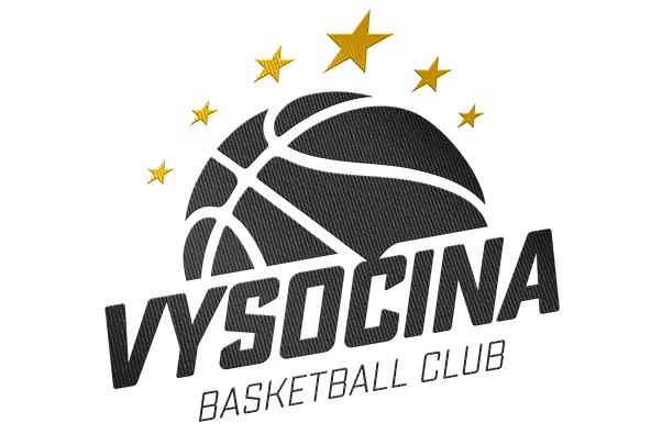 Logo BC Vysočina: tmavý basketbalový míč se šesti zlatými hvězdami a nápisem VYSOCINA BASKETBALL CLUB.