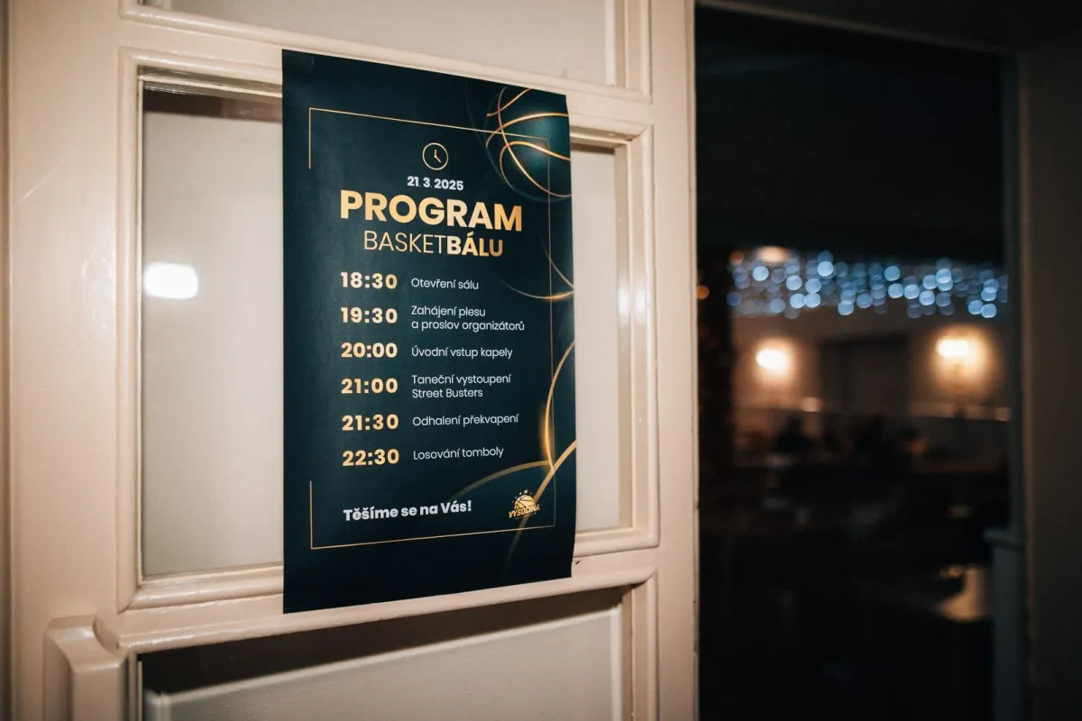 Plakát Program Basketbálu 21. 3. 2025: 18:30 otevření sálu, 19:30 zahájení plesu, 20:00 vstup kapely, 21:00 vystoupení Street Busters, 21:30 odhalení překvapení, 22:30 losování tomboly.