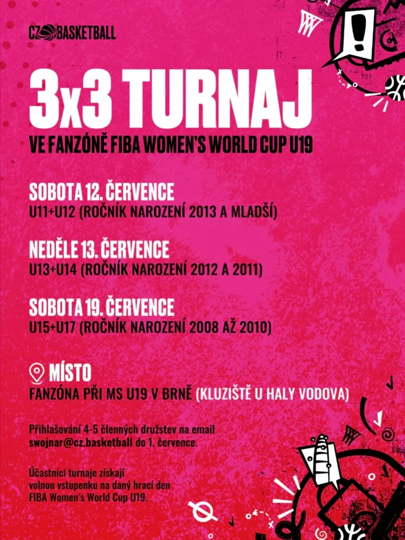 Plakát ČBF: 3x3 turnaj ve fanzóně MS žen U19 v Brně u haly Vodova – 12. 7. U11+U12, 13. 7. U13+U14, 19. 7. U15+U17; přihlášky 4–5členných týmů do 1. 7., hráči mají volný vstup na MS.