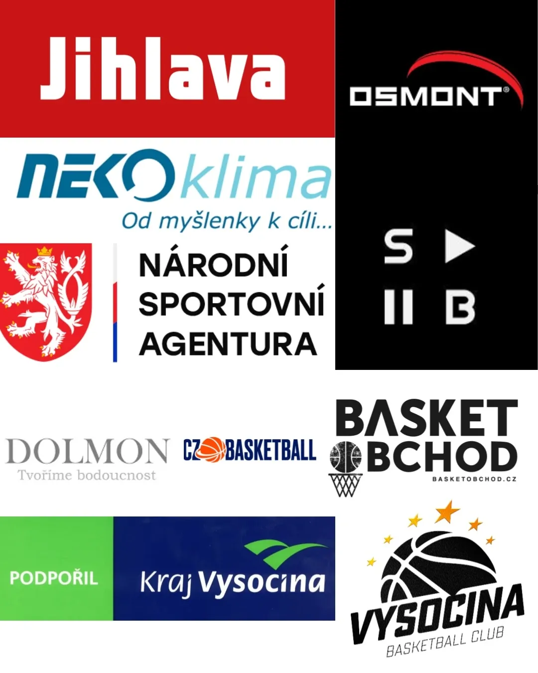 Loga partnerů a podporovatelů klubu: město Jihlava, Osmont, NEKO klima, Národní sportovní agentura, logo S▶IIB, Dolmon, CZ Basketball, Basketobchod.cz, Kraj Vysočina (Podpořil) a logo BC Vysočina.