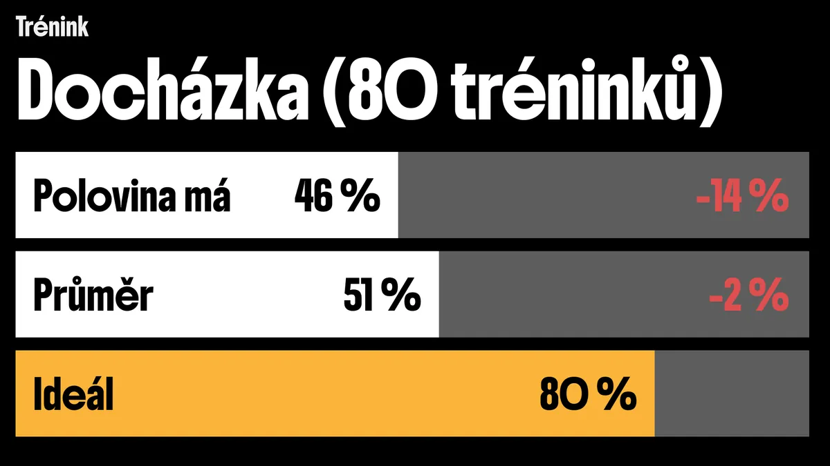 Docházka na tréninky (80 tréninků): polovina hráčů má 46 % (−14 %), průměr 51 % (−2 %), ideál je 80 %.